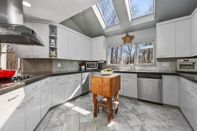 80 Norton Rd, Easton, CT 06612 - kitchen with stainless steel appliances, ventilation hood, open shelves, tasteful backsplash, and vaulted ceiling