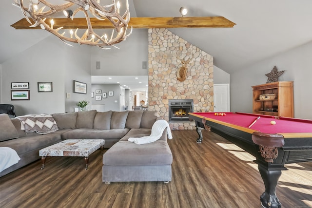 80 Norton Rd, Easton, CT 06612 - rec room with high vaulted ceiling, a chandelier, beamed ceiling, wood finished floors, and a fireplace