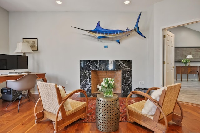 80 Norton Rd, Easton, CT 06612 - living area featuring an office area, recessed lighting, wood finished floors, and a premium fireplace