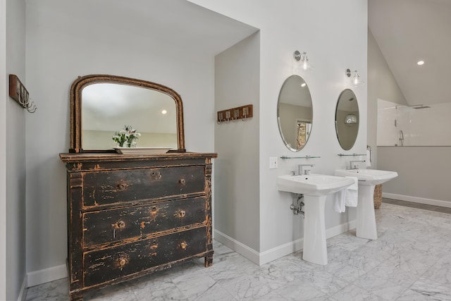 80 Norton Rd, Easton, CT 06612 - bathroom featuring marble look tiles, a shower, recessed lighting, and lofted ceiling