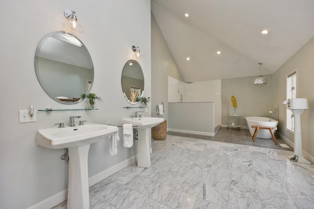 80 Norton Rd, Easton, CT 06612 - bathroom with a freestanding tub, walk in shower, marble finish flooring, vaulted ceiling, and recessed lighting