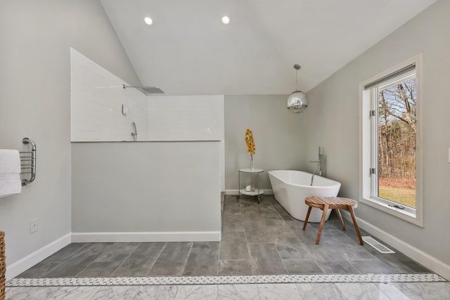 80 Norton Rd, Easton, CT 06612 - bathroom featuring vaulted ceiling, a freestanding bath, walk in shower, plenty of natural light, and recessed lighting