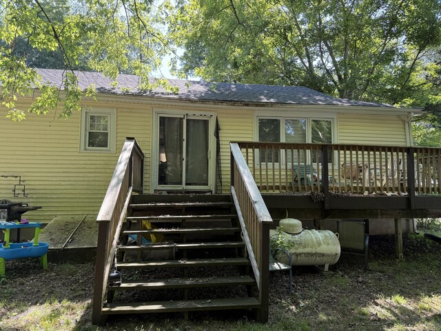 74 Pine Rd, East Haddam, CT 06423 - rear view of property featuring stairway, a deck, and a shingled roof