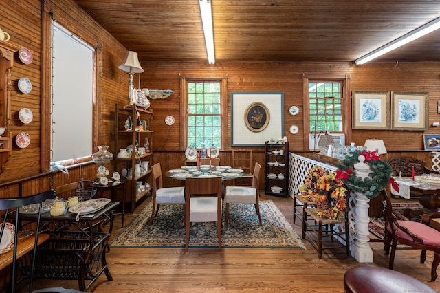 696 Kent Rd, New Milford, CT 06755 - dining room featuring wooden ceiling, wooden walls, and wood finished floors