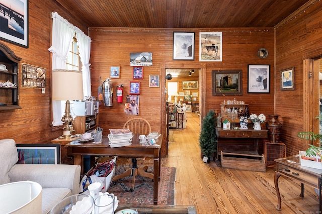 696 Kent Rd, New Milford, CT 06755 - office area featuring wood walls, wooden ceiling, and wood finished floors