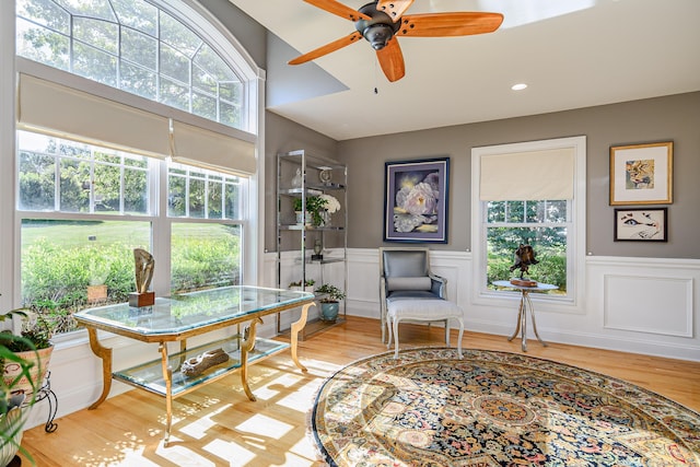 10 Harmony Trl Unit 10, New Milford, CT 06776 - sitting room with a wainscoted wall, ceiling fan, wood finished floors, recessed lighting, and a decorative wall