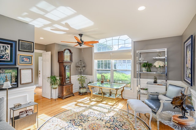 10 Harmony Trl Unit 10, New Milford, CT 06776 - living area featuring a wainscoted wall, wood finished floors, ceiling fan, and recessed lighting