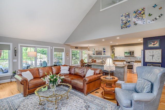 10 Harmony Trl Unit 10, New Milford, CT 06776 - living room featuring high vaulted ceiling, light wood-style flooring, and recessed lighting