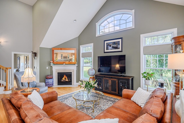10 Harmony Trl Unit 10, New Milford, CT 06776 - living room with high vaulted ceiling, wood finished floors, and a fireplace with flush hearth