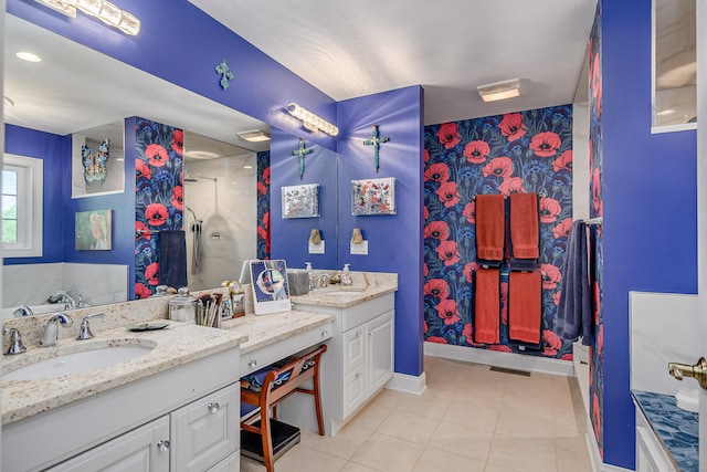 10 Harmony Trl Unit 10, New Milford, CT 06776 - full bathroom featuring vanity, a walk in shower, tile patterned flooring, and wallpapered walls