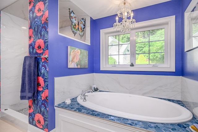 10 Harmony Trl Unit 10, New Milford, CT 06776 - bathroom featuring a chandelier, a garden tub, and a marble finish shower