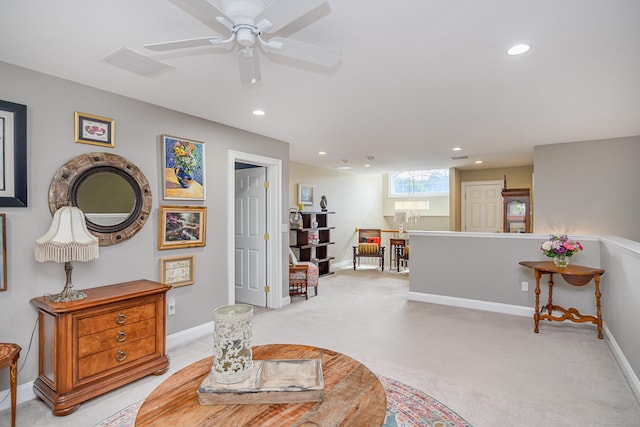 10 Harmony Trl Unit 10, New Milford, CT 06776 - living area with recessed lighting, an upstairs landing, ceiling fan, and light carpet