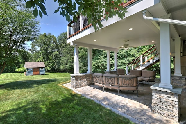 11 Parlor Rock Rd, Trumbull, CT 06611 - view of green lawn featuring stairway, a balcony, ceiling fan, an outdoor living space, and a patio