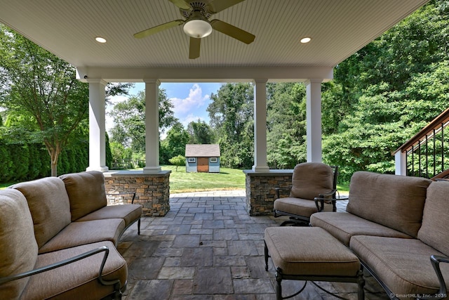 11 Parlor Rock Rd, Trumbull, CT 06611 - view of patio / terrace with an outdoor structure, ceiling fan, an outdoor hangout area, and view of scattered trees