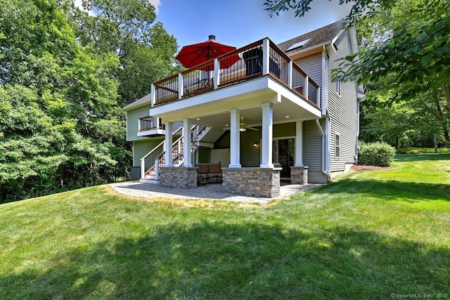 11 Parlor Rock Rd, Trumbull, CT 06611 - rear view of property featuring a yard, a patio, a ceiling fan, stairway, and a balcony