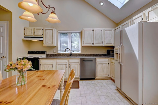 11 Parlor Rock Rd, Trumbull, CT 06611 - kitchen featuring white refrigerator with ice dispenser, dishwasher, electric stove, a skylight, and recessed lighting