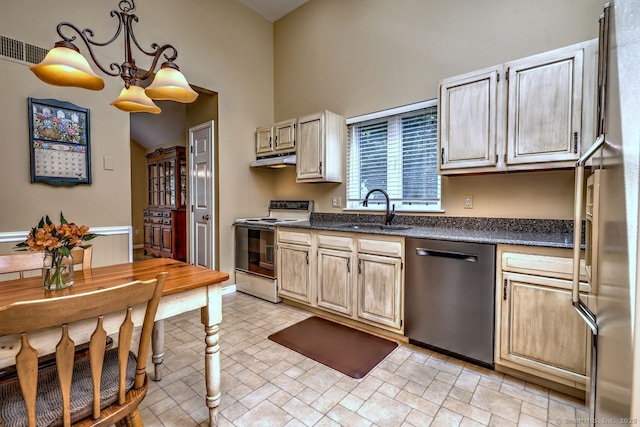 11 Parlor Rock Rd, Trumbull, CT 06611 - kitchen with stainless steel dishwasher, white electric stove, dark countertops, and fridge with ice dispenser
