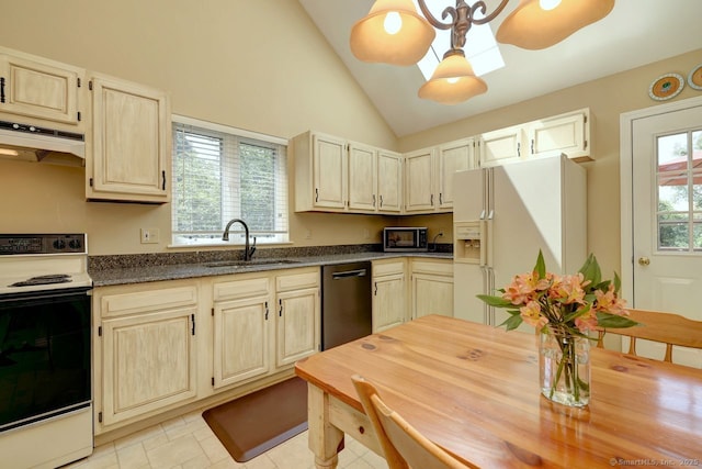 11 Parlor Rock Rd, Trumbull, CT 06611 - kitchen featuring white appliances, under cabinet range hood, high vaulted ceiling, and light tile patterned floors