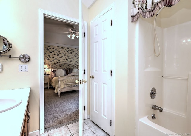 11 Parlor Rock Rd, Trumbull, CT 06611 - bathroom featuring vanity, connected bathroom, shower / bath combination, tile patterned flooring, and ceiling fan
