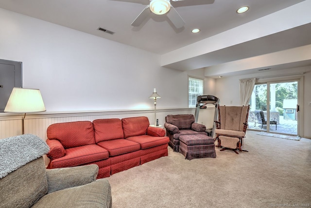 11 Parlor Rock Rd, Trumbull, CT 06611 - carpeted living area featuring ceiling fan, recessed lighting, and wainscoting