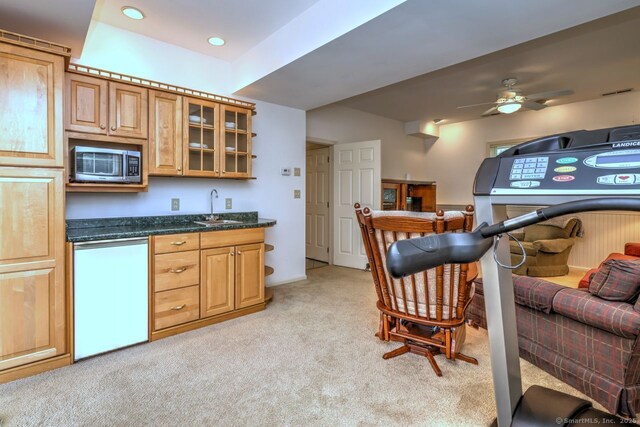 11 Parlor Rock Rd, Trumbull, CT 06611 - kitchen with stainless steel microwave, light carpet, glass insert cabinets, dishwasher, and a ceiling fan