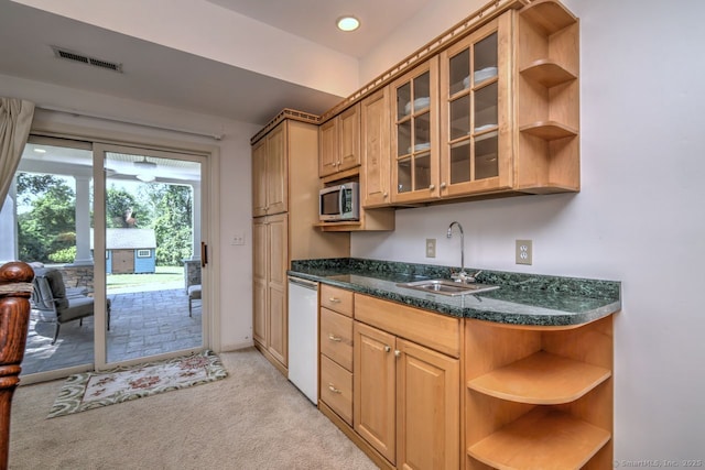 11 Parlor Rock Rd, Trumbull, CT 06611 - kitchen featuring open shelves, stainless steel microwave, dishwasher, light colored carpet, and glass insert cabinets
