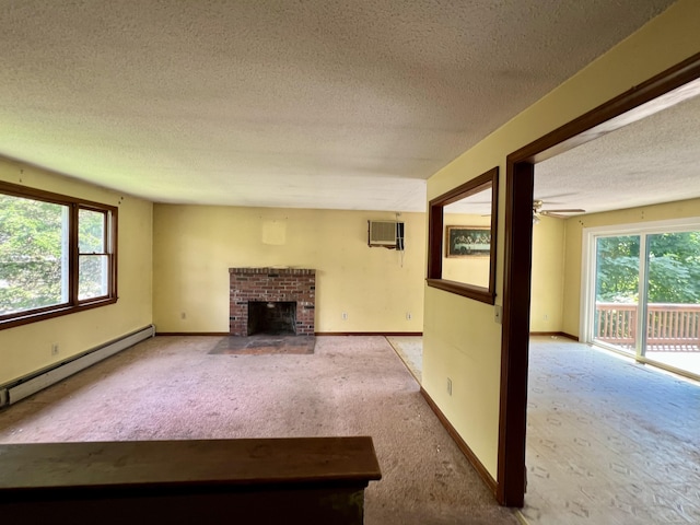 67 Harold Rd, Farmington, CT 06032 - unfurnished living room with a textured ceiling, carpet floors, baseboard heating, a fireplace, and an AC wall unit