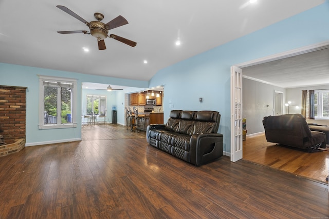2 Judith Dr, Danbury, CT 06811 - living area with ceiling fan, dark wood-style floors, vaulted ceiling, and recessed lighting