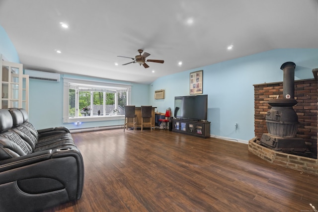 2 Judith Dr, Danbury, CT 06811 - living room featuring a wood stove, a ceiling fan, a wall mounted AC, wood finished floors, and recessed lighting