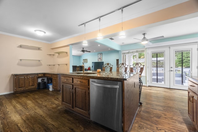 2 Judith Dr, Danbury, CT 06811 - kitchen featuring dishwasher, ceiling fan, french doors, dark wood finished floors, and dark stone counters