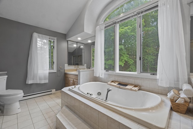 2 Judith Dr, Danbury, CT 06811 - bathroom with baseboard heating, vanity, a tub with jets, vaulted ceiling, and tile patterned flooring