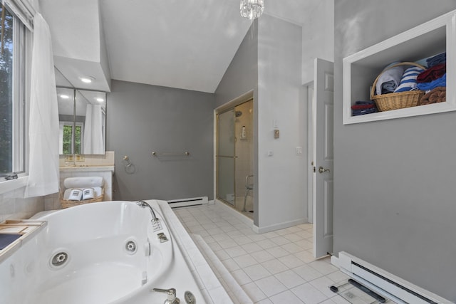 2 Judith Dr, Danbury, CT 06811 - bathroom with baseboard heating, a stall shower, a whirlpool tub, tile patterned flooring, and vaulted ceiling