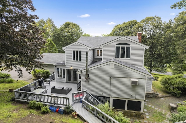 2 Judith Dr, Danbury, CT 06811 - rear view of property with a chimney, a wooden deck, a shingled roof, and an outdoor living space