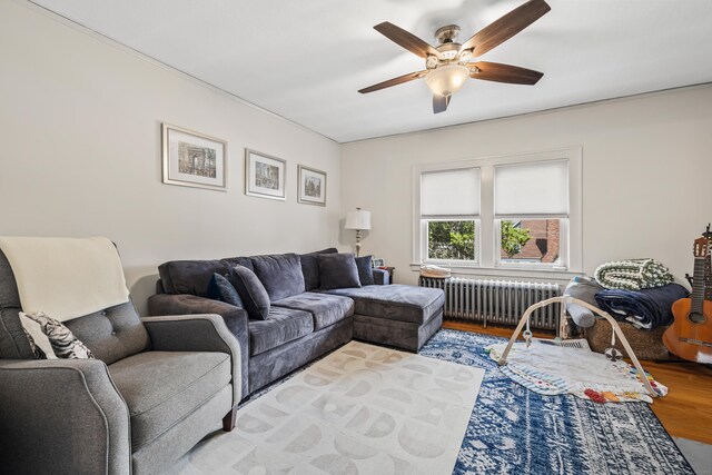 33 Hugh St, West Hartford, CT 06119 - living area with radiator, a ceiling fan, and wood finished floors