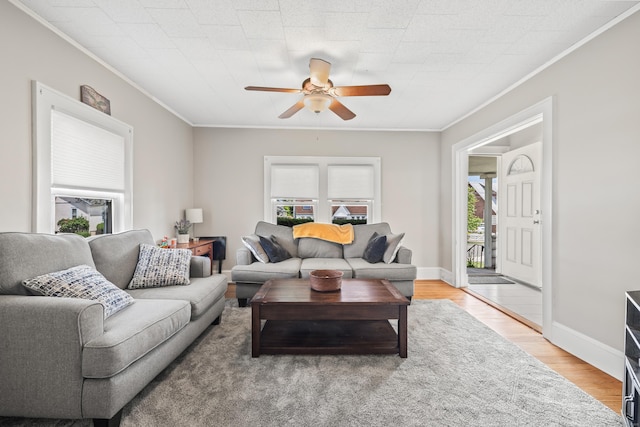 33 Hugh St, West Hartford, CT 06119 - living room with crown molding, a ceiling fan, and light wood-style flooring