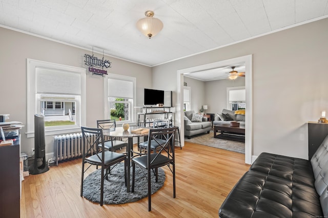 33 Hugh St, West Hartford, CT 06119 - dining room featuring ornamental molding, radiator heating unit, light wood-style floors, and ceiling fan