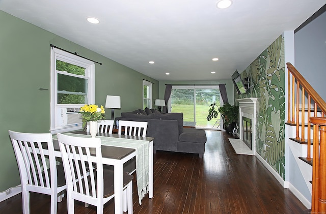 1357 Meriden Ave, Southington, CT 06489 - dining area featuring hardwood / wood-style flooring, stairway, a fireplace with flush hearth, and recessed lighting