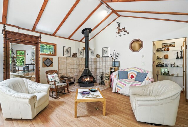 29 Carol St, Danbury, CT 06810 - living room featuring light wood-style floors, a wood stove, and high vaulted ceiling