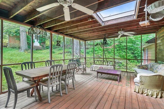 29 Carol St, Danbury, CT 06810 - sunroom with ceiling fan, a skylight, outdoor dining area, and an outdoor hangout area
