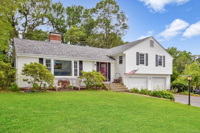 130 Olde Stage Rd, Glastonbury, CT 06033 - split level home featuring a chimney, a garage, a front lawn, roof with shingles, and concrete driveway