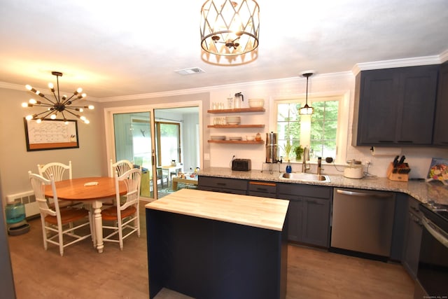 130 Olde Stage Rd, Glastonbury, CT 06033 - kitchen with dishwasher, a chandelier, wood counters, light wood-type flooring, and crown molding