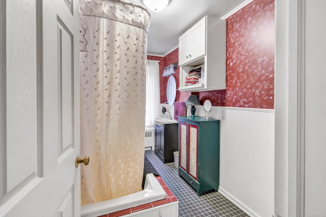 680 Wheelers Farms Rd, Milford, CT 06461 - bathroom with a wainscoted wall, tile patterned flooring, radiator, and shower / bath combo