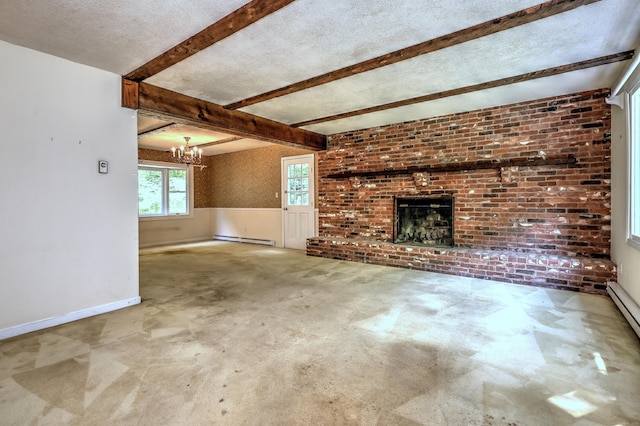 22 E Woods Rd, Roxbury, CT 06783 - unfurnished living room with baseboard heating, a chandelier, a fireplace, beam ceiling, and a textured ceiling