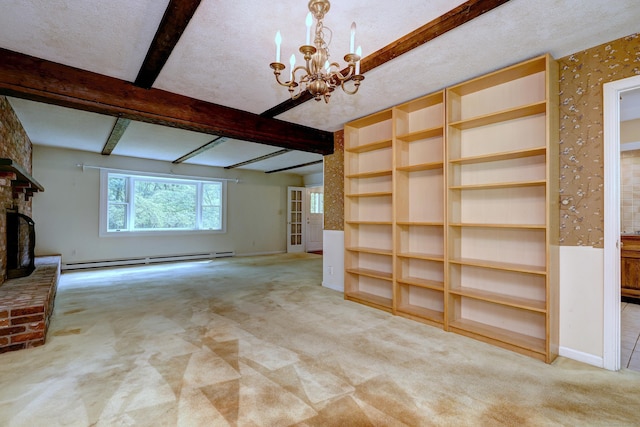 22 E Woods Rd, Roxbury, CT 06783 - unfurnished living room with a baseboard heating unit, a chandelier, carpet, beamed ceiling, and a fireplace