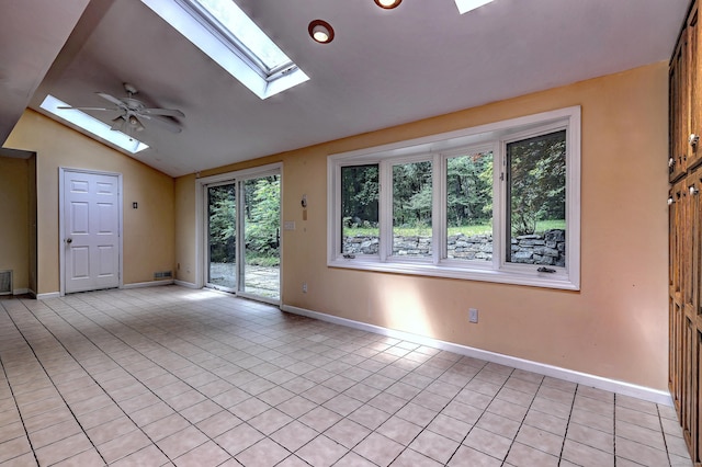 22 E Woods Rd, Roxbury, CT 06783 - unfurnished room with a skylight, light tile patterned floors, vaulted ceiling, and ceiling fan