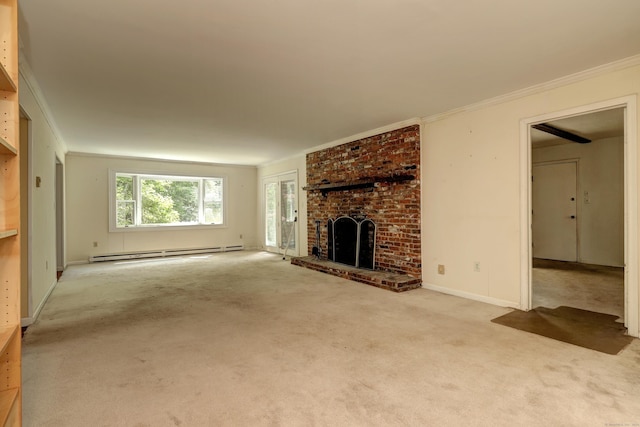 22 E Woods Rd, Roxbury, CT 06783 - unfurnished living room with a baseboard heating unit, carpet flooring, a fireplace, and ornamental molding