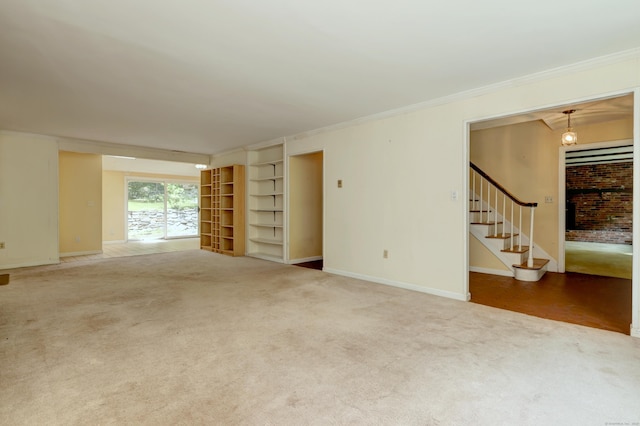 22 E Woods Rd, Roxbury, CT 06783 - unfurnished living room featuring carpet floors, crown molding, stairs, and built in features