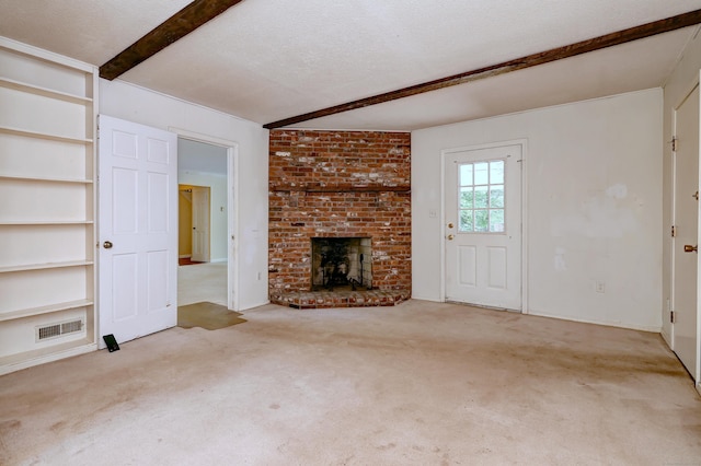 22 E Woods Rd, Roxbury, CT 06783 - unfurnished living room featuring beam ceiling, carpet floors, and a fireplace