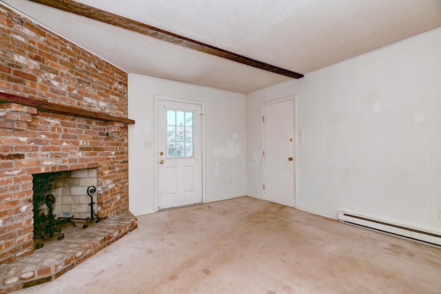 22 E Woods Rd, Roxbury, CT 06783 - unfurnished living room with carpet, beam ceiling, a baseboard radiator, and a brick fireplace