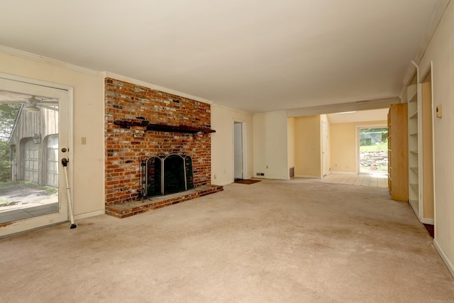 22 E Woods Rd, Roxbury, CT 06783 - unfurnished living room with carpet flooring, a brick fireplace, and ornamental molding